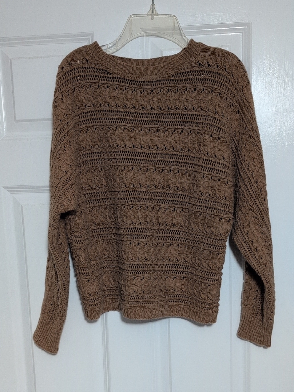 Tan Open-Knit Crewneck Sweater